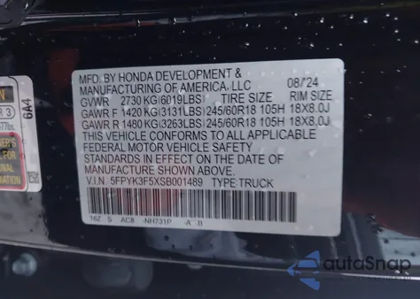 2025 Honda Ridgeline Rtl из США, поврежденный, VIN 5FPYK3F5XSB001489